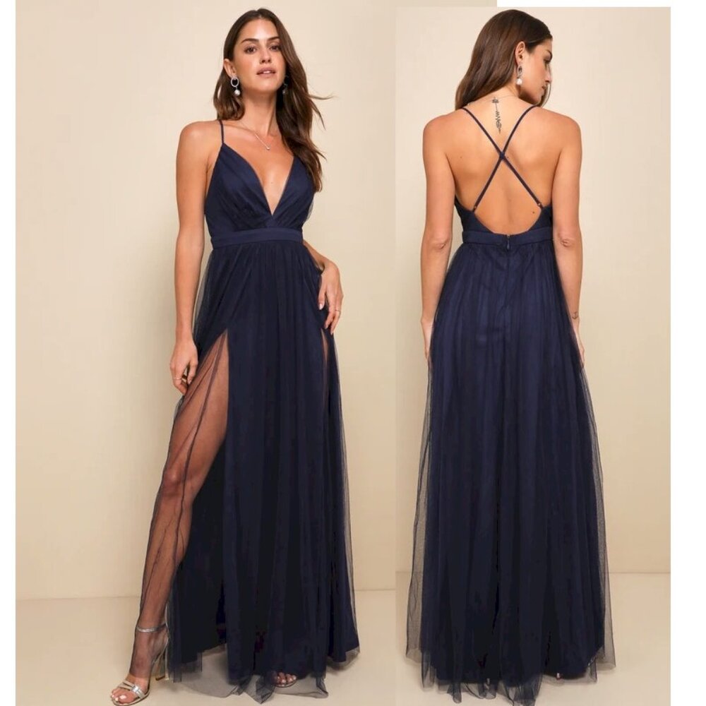 Lulu's navy blue open back maxi dress with plunging neckline